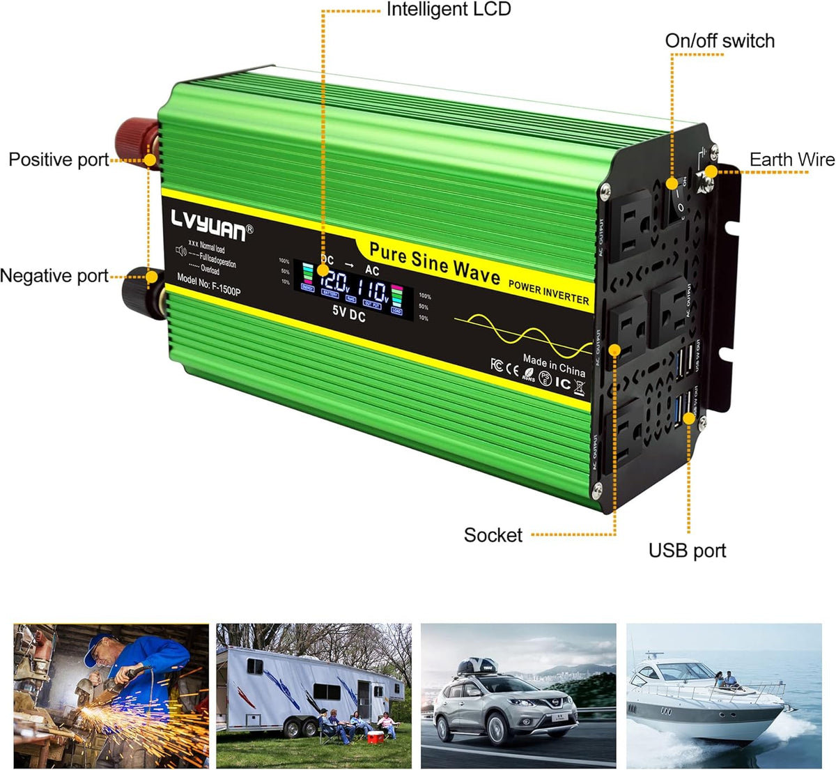 Pure Sine Wave Inverter 1600 Watts DC 12V to AC 110V with Remote Controller and LCD Display S61345