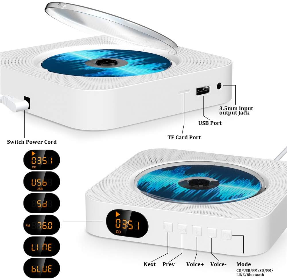 CD Player with Bluetooth, Portable Wall Mountable CD Player with Dust Cover, Home Audio Boombox with Remote Control FM Radio Colorful Light MP3 Headphone Jack AUX Input Output Pack of 2 Q9175
