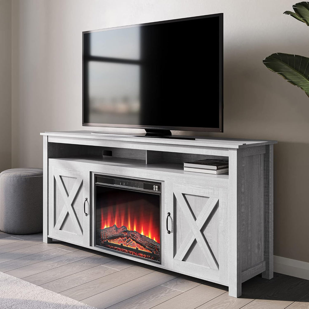 Modern Barn Door Wood Electric Fireplace TV Stand with Two Open Shelves and Cabinets Y310065