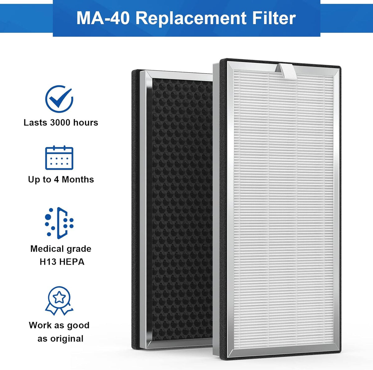 2 PACK H13 True HEPA Replacement Filters with Pre-filter and Activated Carbon Filter H47089