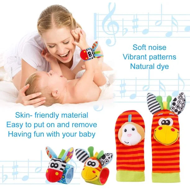 Baby Wrist Rattle and Socks Rattle Set, Soft Animal Toy (4 Pack) A3915