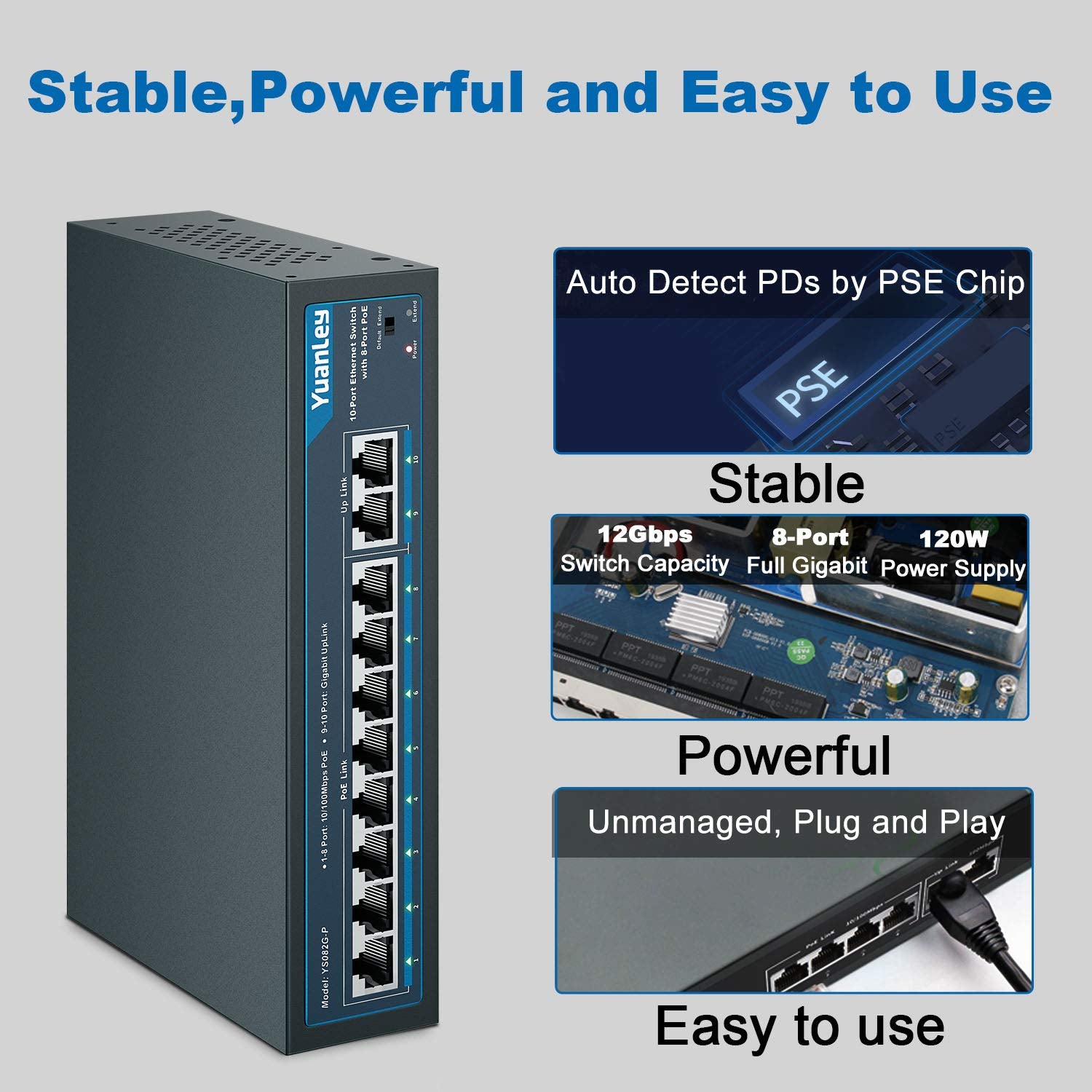 10 Port PoE Switch, 8 PoE+ Port 100Mbps, 2 Gigabit Uplink, 120W, Metal, Fanless, Pack of 2 U49302