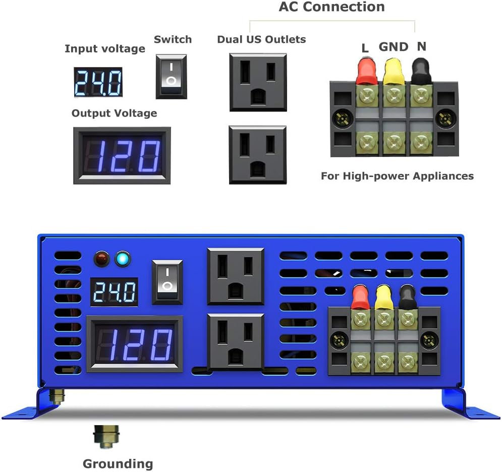 2000W Pure Sine Wave Power Inverter 24V DC to AC 120V with Remote Switch M8948