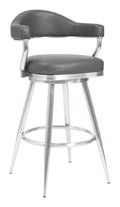 26 inch Counter Height Barstool in Brushed Stainless Steel and Vintage Grey Faux Leather N545790