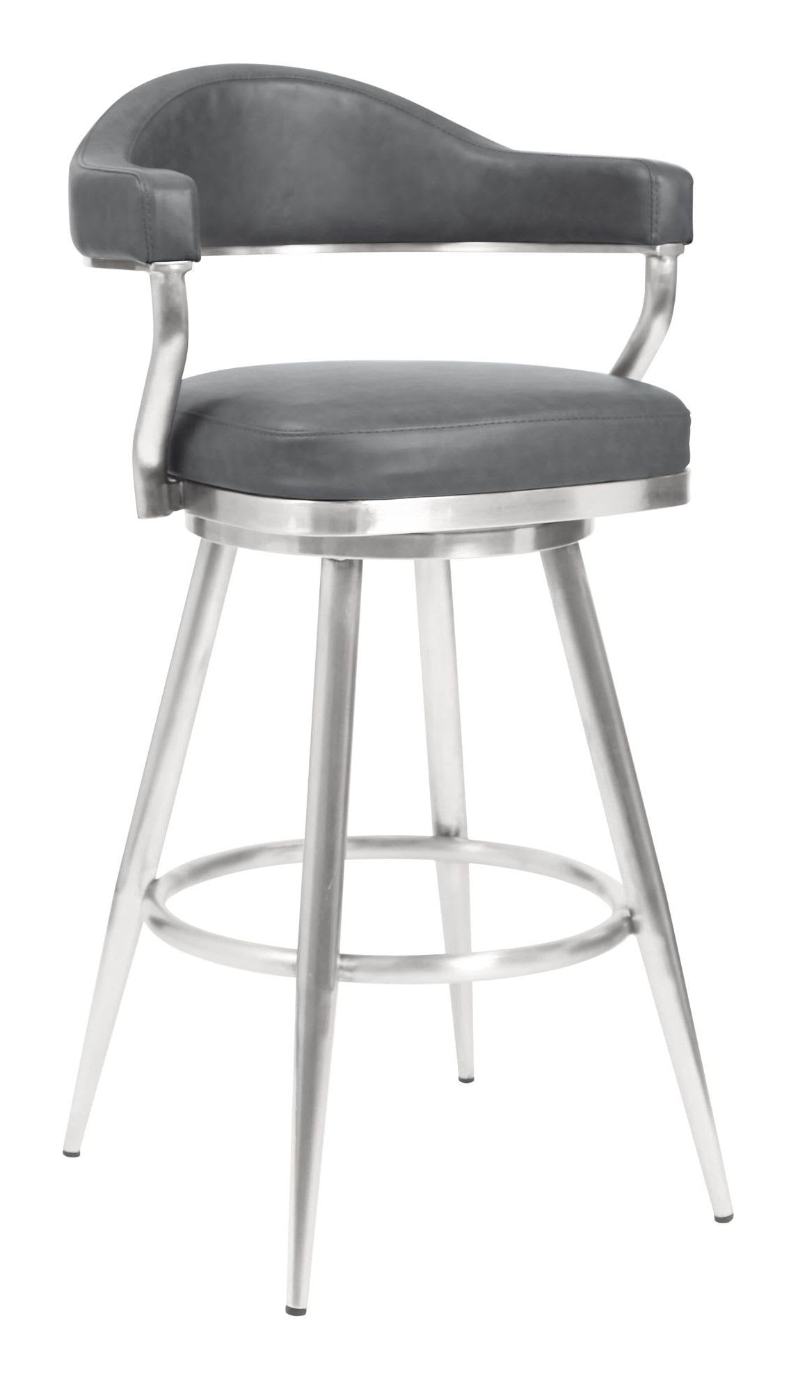 26 inch Counter Height Barstool in Brushed Stainless Steel and Vintage Grey Faux Leather N545790