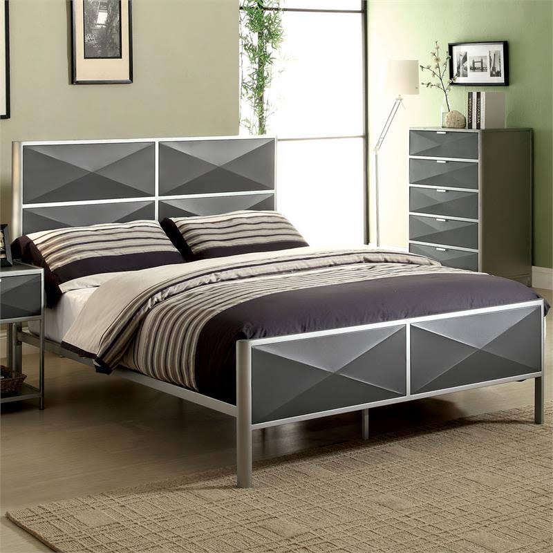 Metal Full Panel Bed in Silver and Gray H3368