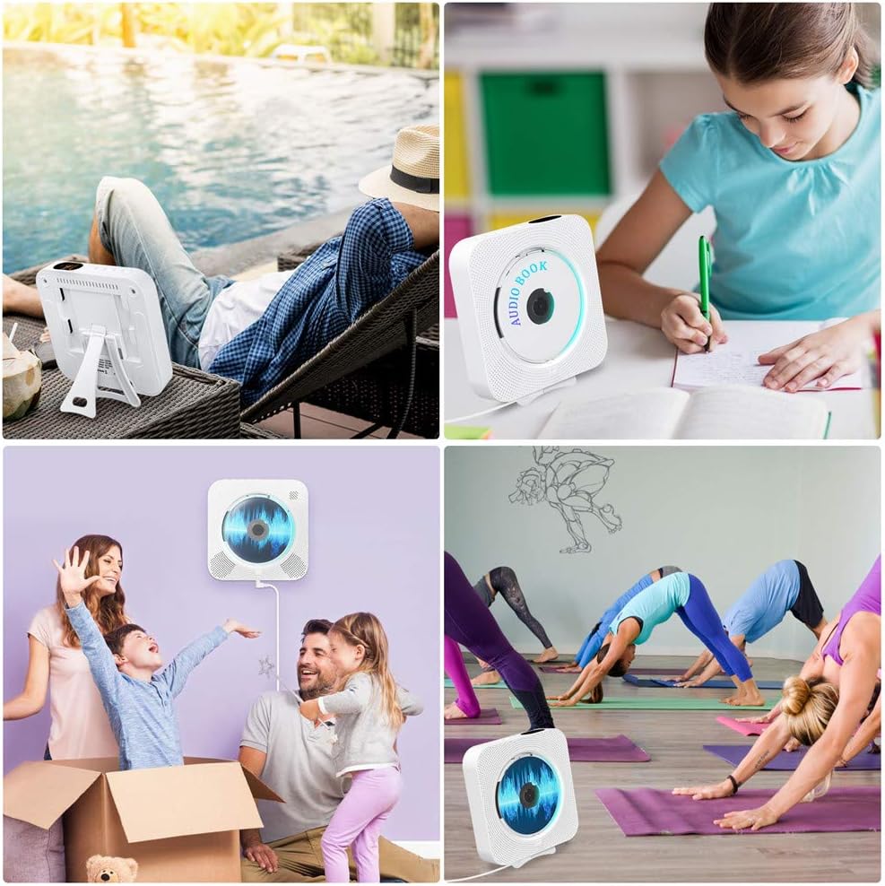 CD Player with Bluetooth, Portable Wall Mountable CD Player with Dust Cover, Home Audio Boombox with Remote Control FM Radio Colorful Light MP3 Headphone Jack AUX Input Output Pack of 2 Q9175