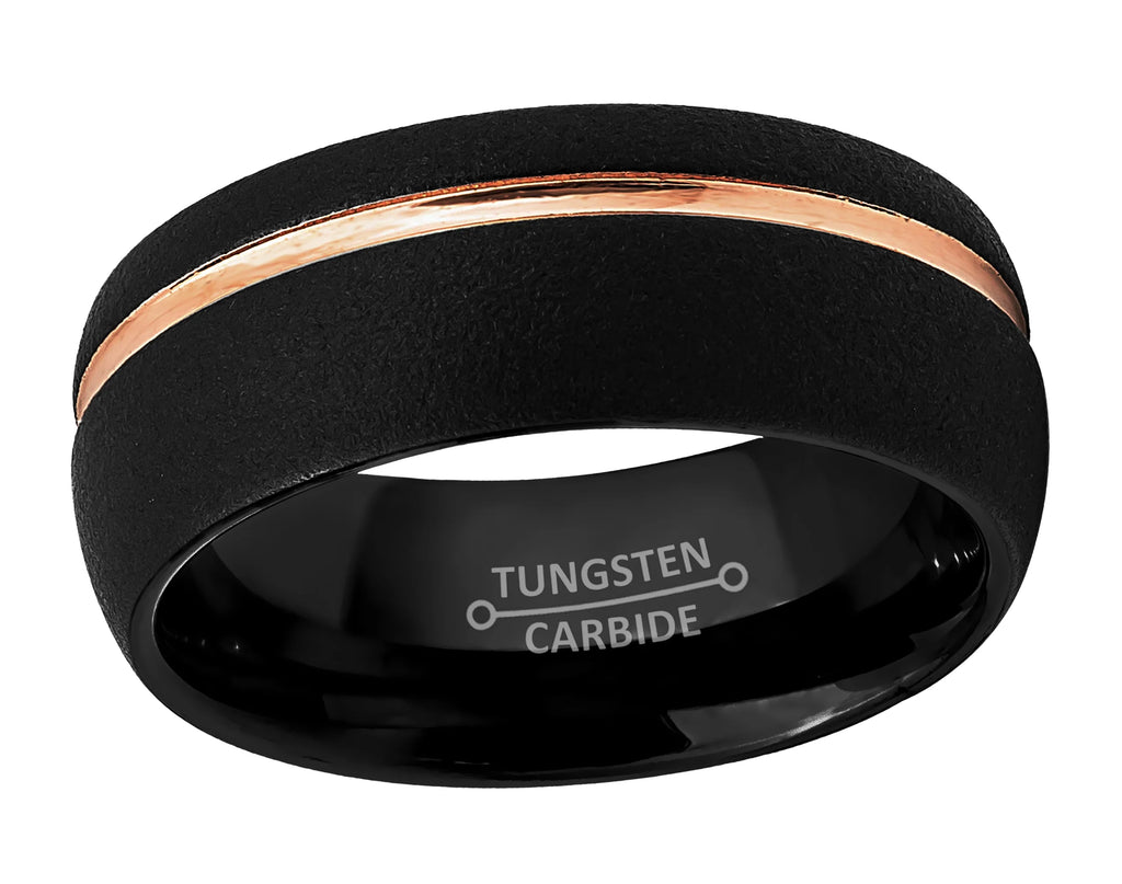 Mens Sandblasted Tungsten Carbide Wedding Band with Rose Gold Grooved Trim A140648