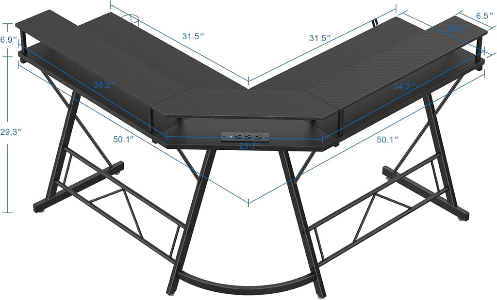 Black L Shaped Gaming Desk with LED Lights and Power Strip X6223