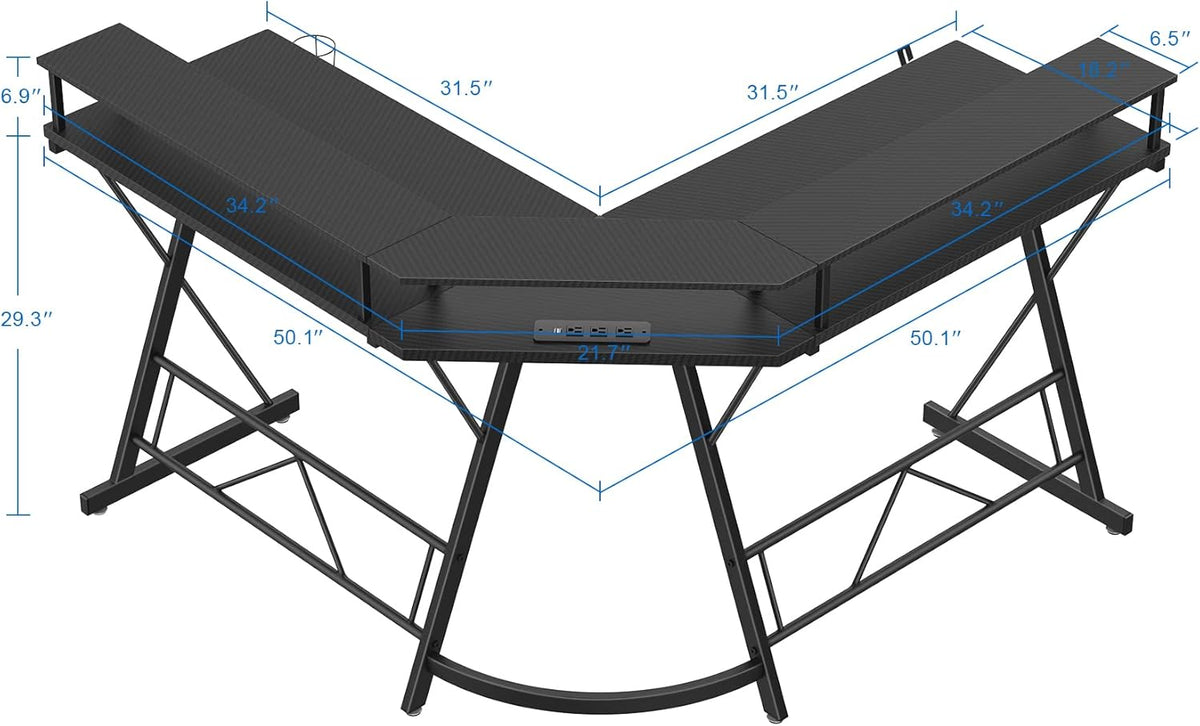 Black L Shaped Gaming Desk with LED Lights and Power Strip X6223