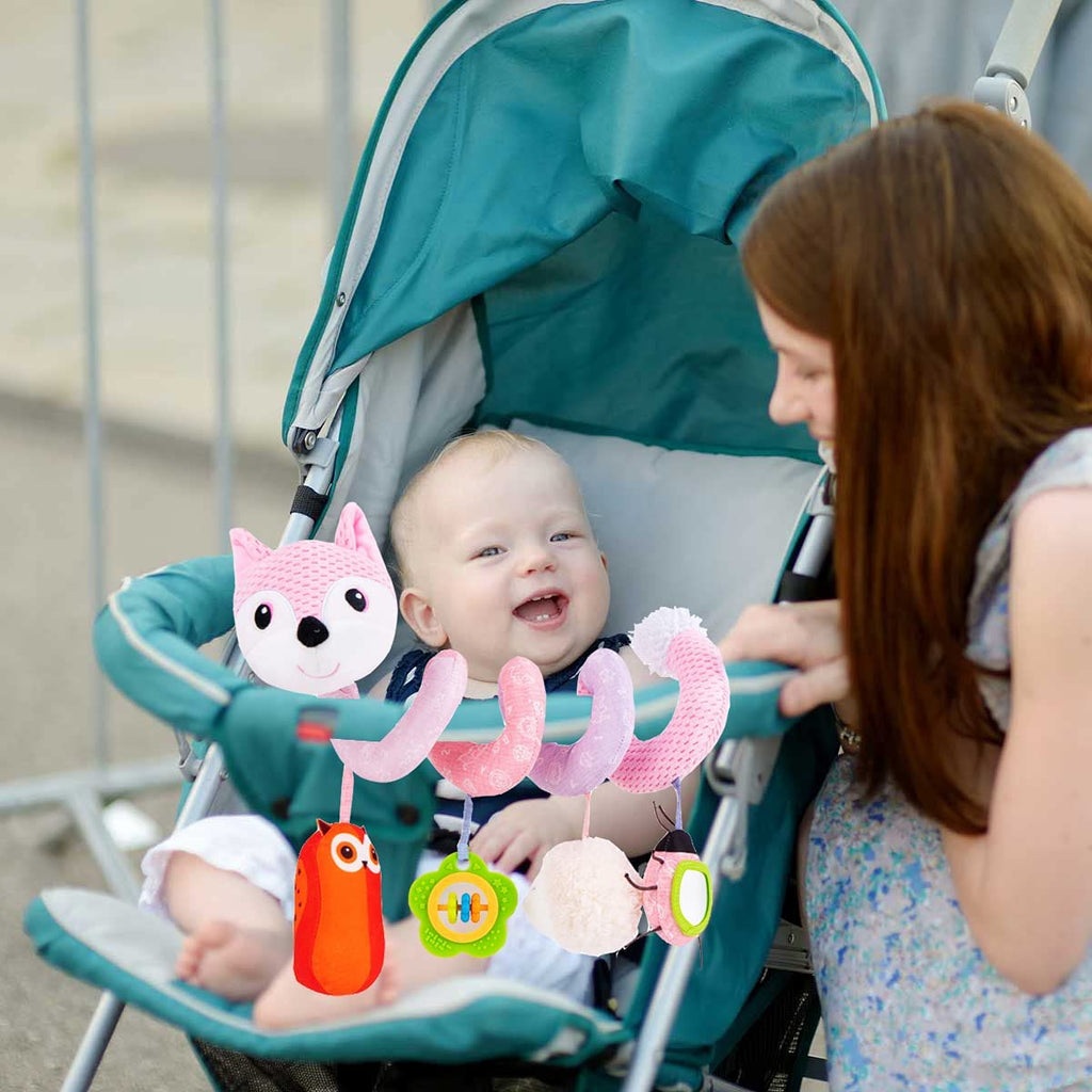 Pink Fox Plush Baby Car Seat Toys with Musical Sheep Rattles Owl Ladybird Distorting Mirror B4855
