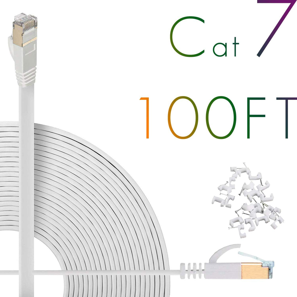 Cat7 Ethernet Cable 150ft Flat Shielded (STP) Solid Network Cord with Snagless RJ45 Connectors (White) W915585
