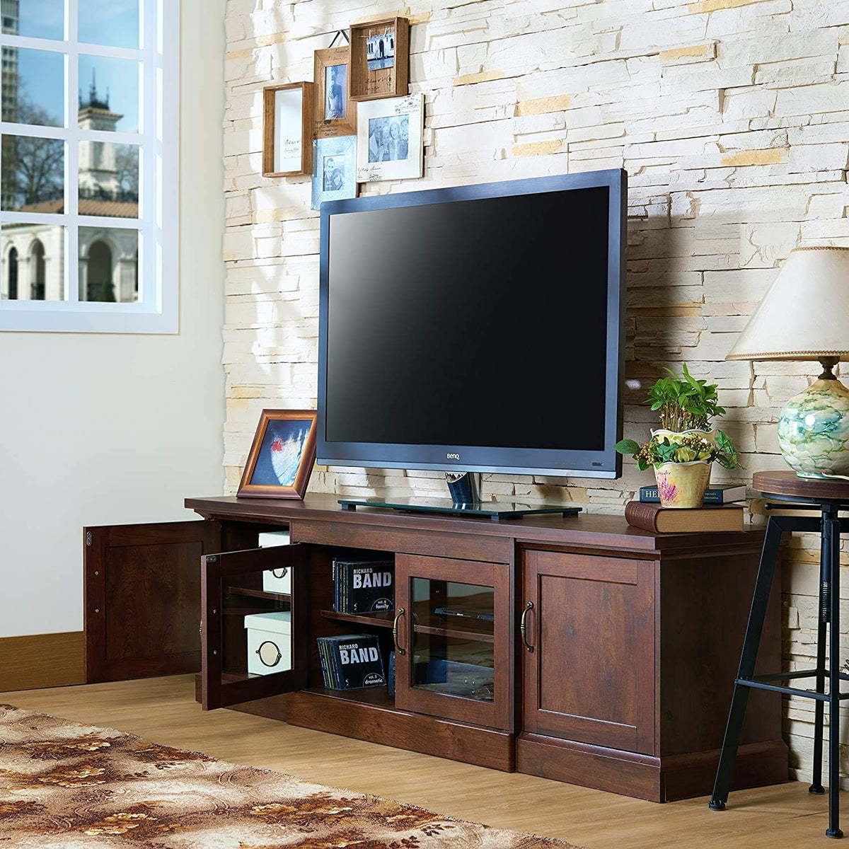Rustic 68 TV Stand with Glass and Wood Cabinet Door Storage in Vintage Walnut G807053