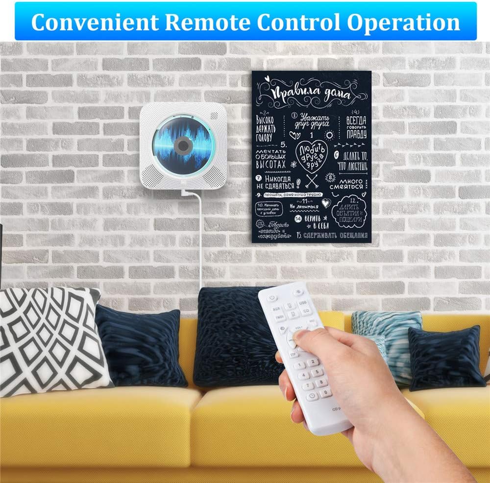 CD Player with Bluetooth, Portable Wall Mountable CD Player with Dust Cover, Home Audio Boombox with Remote Control FM Radio Colorful Light MP3 Headphone Jack AUX Input Output Pack of 2 Q9175