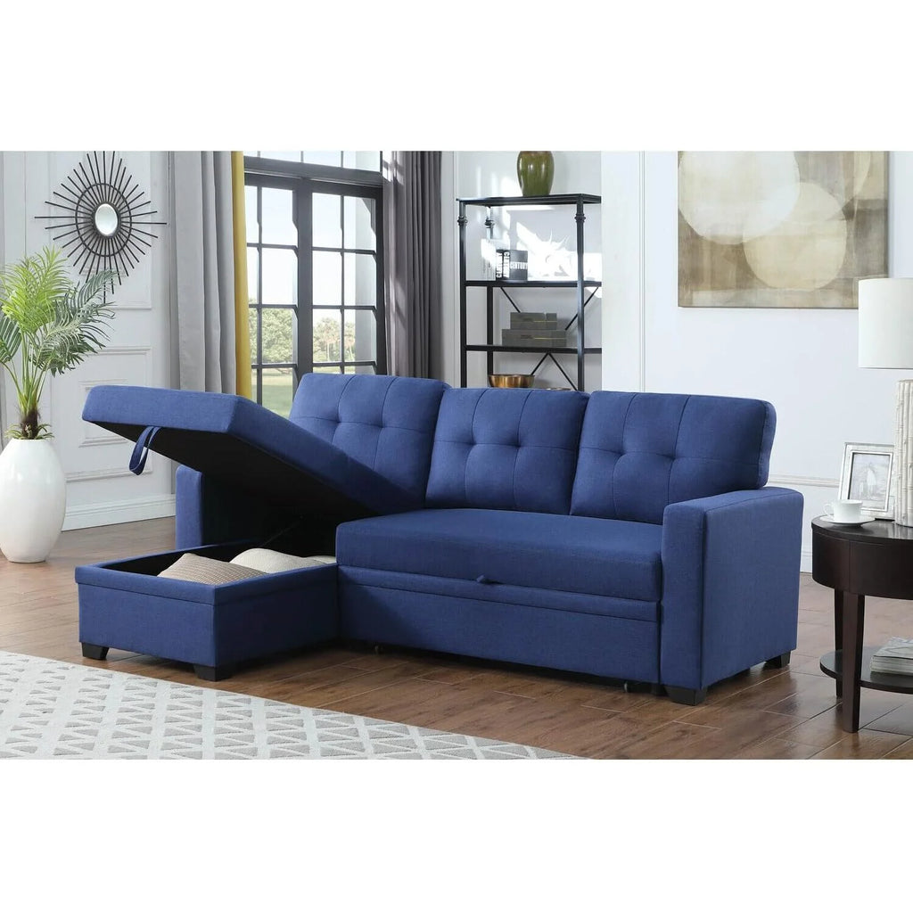 Blue Polyester Reversible Sleeper Sectional Sofa Y32099