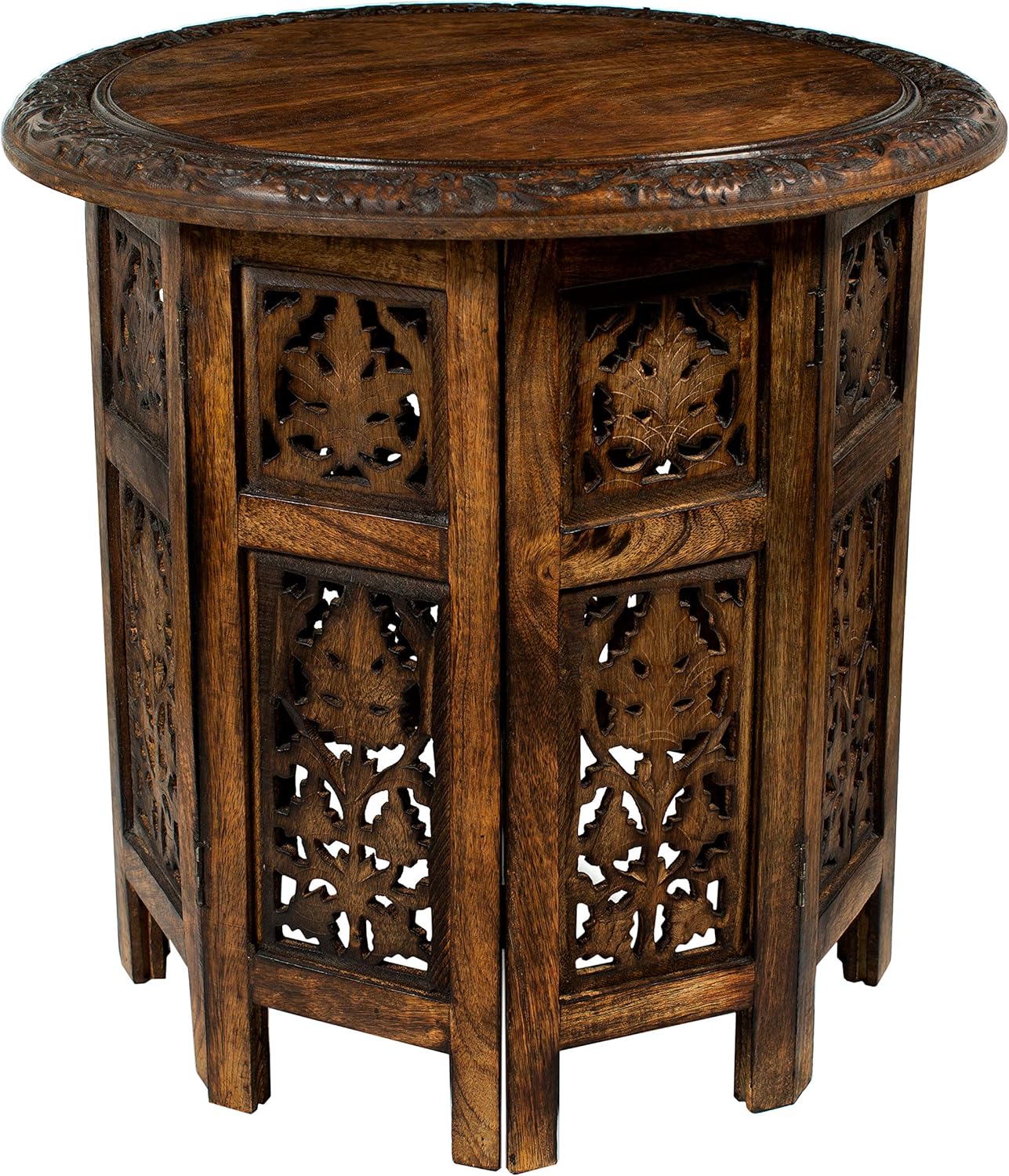 Antique Brown Solid Wood Hand Carved Accent Coffee Table, 18 Inch Round Top, Pack of 2 X9965