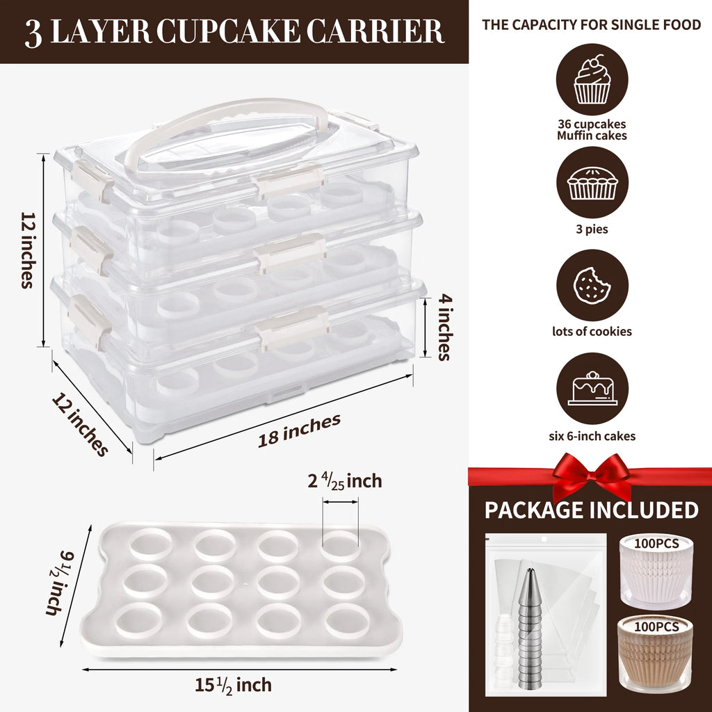 3-Tiers Cupcake Carrier White with Lid And Handle W198197