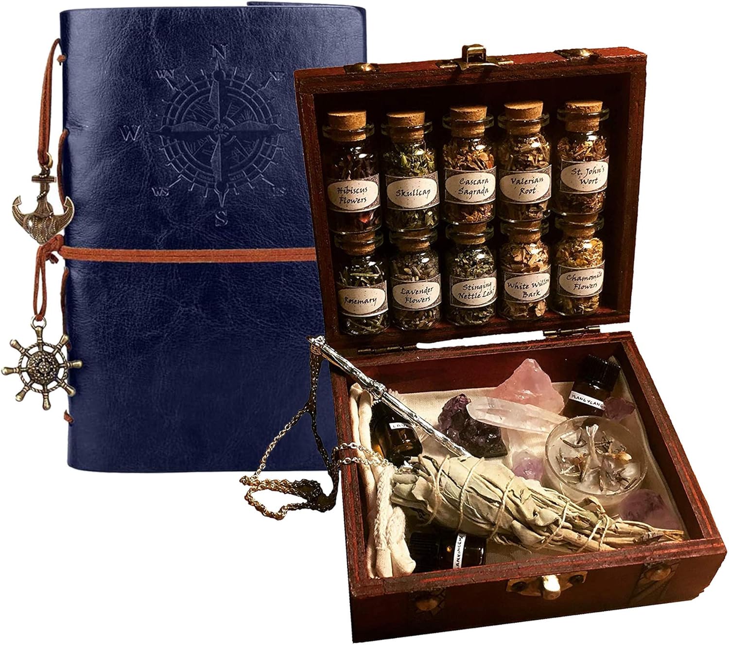 Wooden Box Witchcraft Travel Kit with Sage Incense and Rose Quartz Crystals S740824