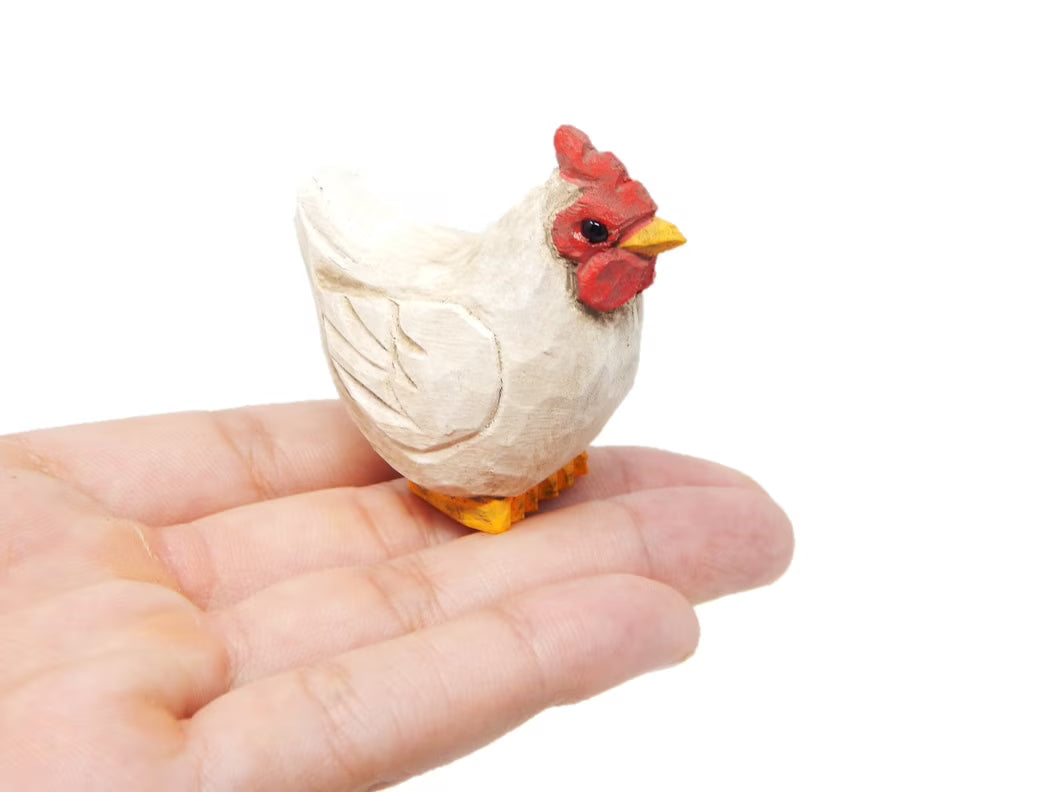 White Hen Wooden Carving Miniature Figurine C403