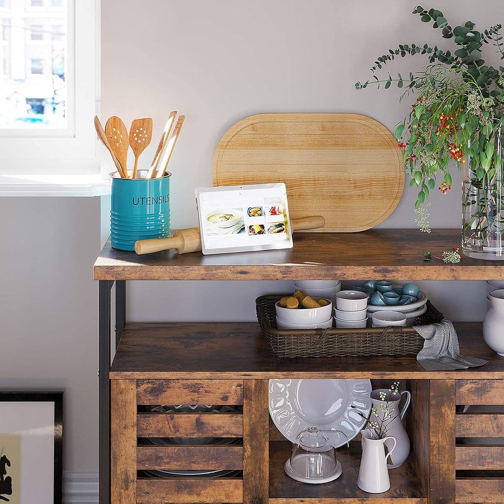 Rustic Brown and Black Storage Sideboard with Cupboard and Shelves P555