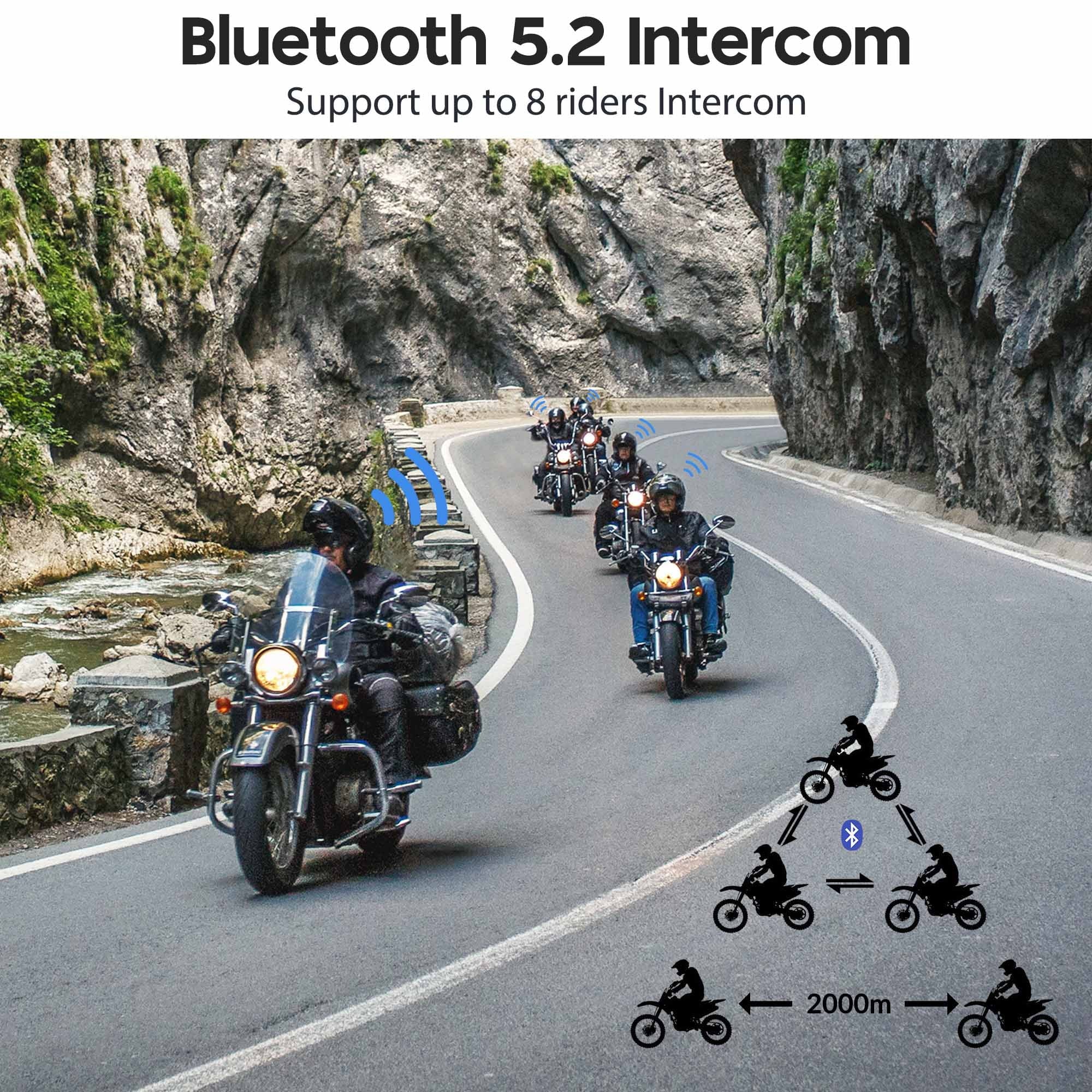 Bluetooth 5.2 Motorcycle Helmet Headset Intercom 8 Rider Noise Cancel W7915