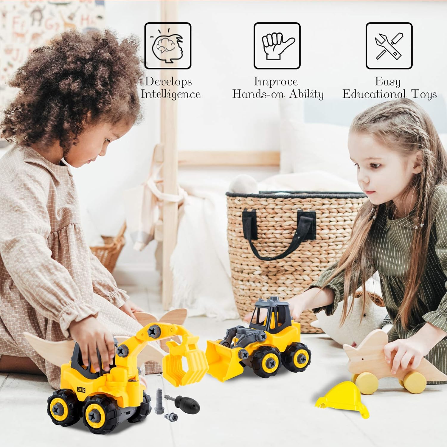 3 in 2 Construction Truck STEM Building Excavators Bulldozers Play Set N23048